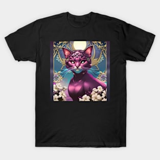 Elegant Purple Cat Surrounded by White Flowers T-Shirt